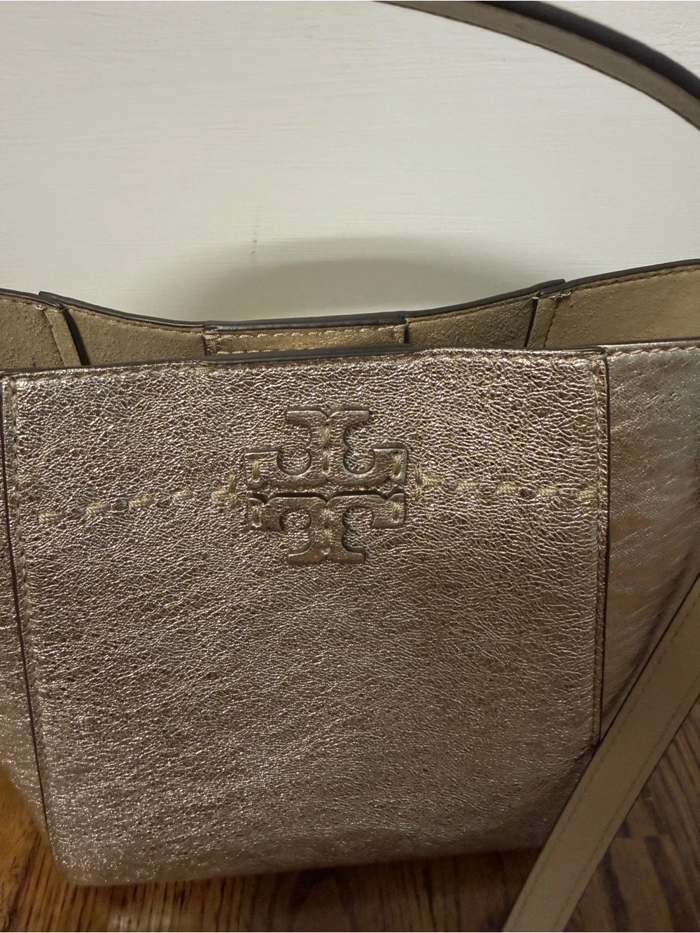 Tory Burch Metallic Gold Leather Shoulder Bucket Bag